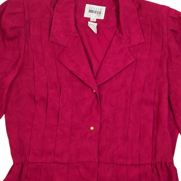 Vintage Leslie Fay Petite Dress 10 Red Fuchsia Pleat Button Down Long Sleeve - Picture 5 of 9